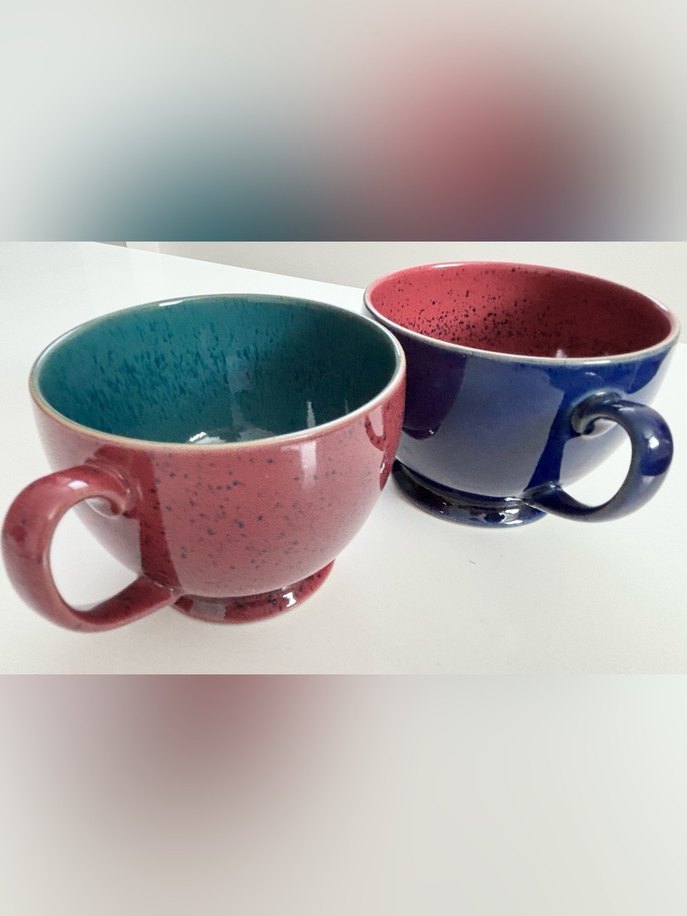 Denby Harlequin 2 Coffee Cups 250ml Blue/Pink/Green Speckled Stoneware, England